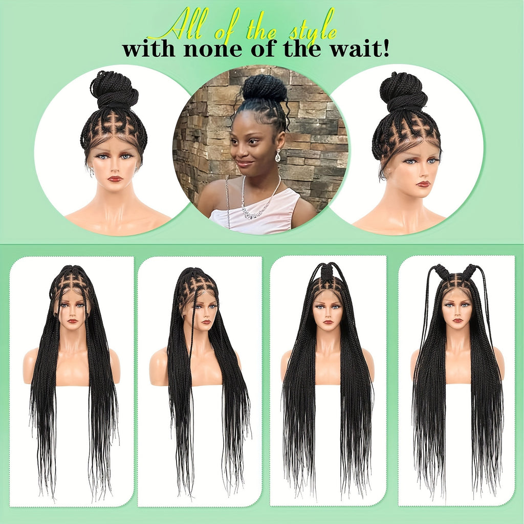 40" Braided Wig with Knotless Cornrows and Lace Frontal – Mixed Black Hair, Natural Texture, Full Density, Double Lace Front, for Daily Wear, College, Halloween, and Cosplay