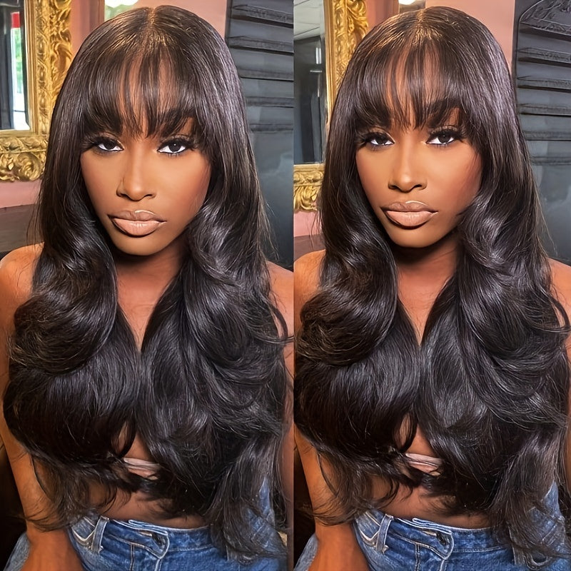 16 Inches 180% Density Body Wave Brazilian Virgin Hair Wigs with Bangs - Rose Net Cap, Machine Made, Natural Color, Soft and Silky Texture - Suitable for All Women, Basics Style