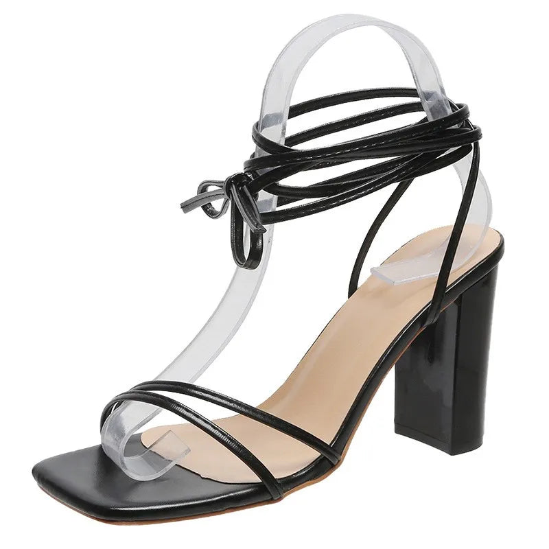 Large Size Women's Shoes, Sexy square Toe Strap, Thin Heel High Heels, Cross Strap Sandals, Women's High Heels