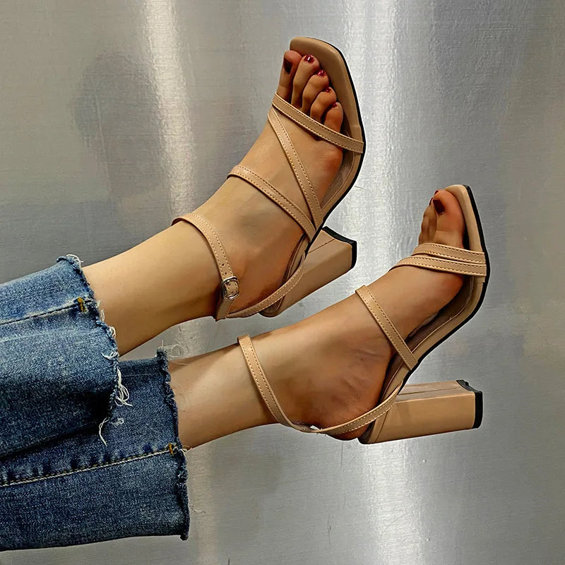 35-43 New High Heels European and American Plus Size Sandals Thick Heeled square Toe Women's Shoes