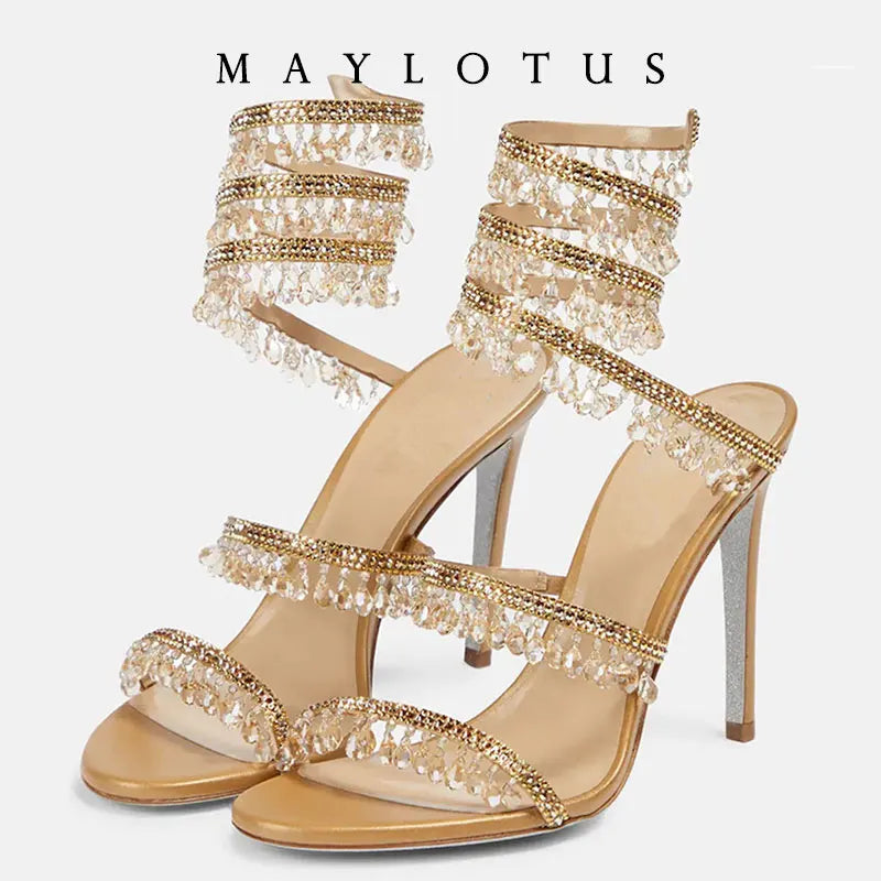 2025 Spring/Summer New Water Diamond Jewel Wrist Wrapped Snake-shaped High Heel Sandals Sexy Large Size Shoe Girl Women Sandals