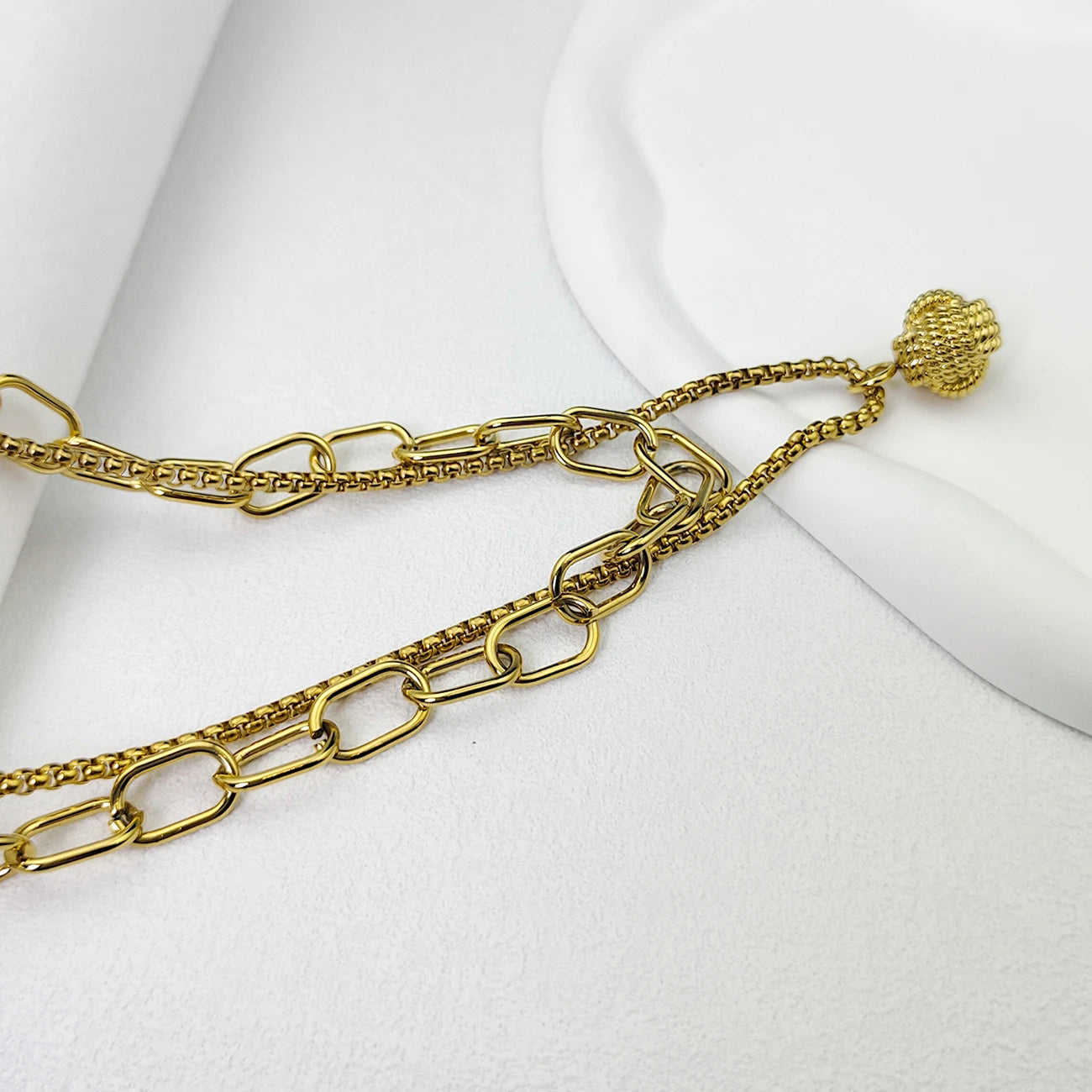Designed for women with two rows of layered delicate 18K gold plated simple pearl link paper clip necklaces.