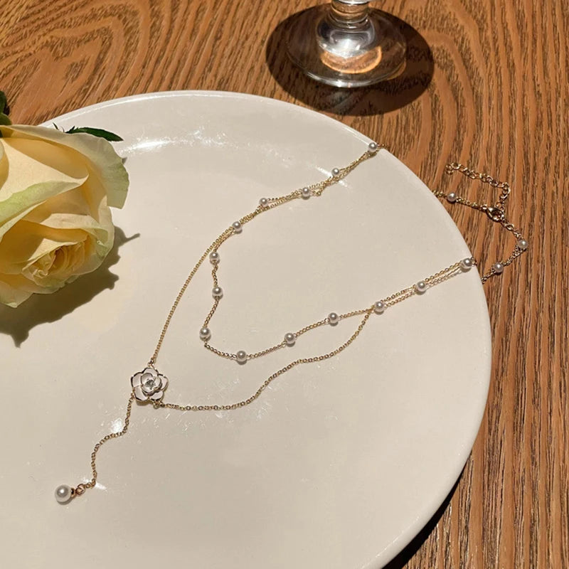 Double layered tassel pearl necklace for female niche design camellia collarbone chain light luxury high-end feel temperament ne