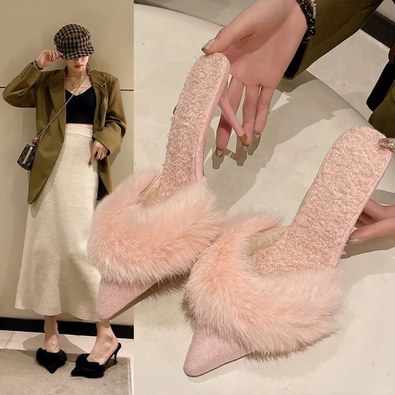Fashion Plush Slippers for Women's Sweet Pointed Tip Stiletto Womens High Heels Trend Baotou Hairy Women's Half Slippers Tacones