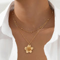 Floral Layered Necklace - Gold-Tone Alloy, Textured Flower Pendant, Double-Layer Beaded Chain, Boho Elegant Fashion Neck Jewelry
