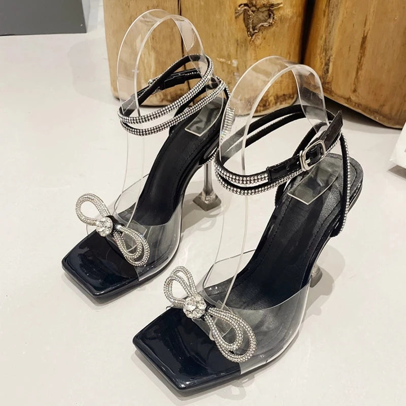 Liyke Summer Party Wedding Sandals Ladies 2026 Fashion Crystal Rhinestone Bowknot High Heels PVC Transparent Shoes Women Pumps