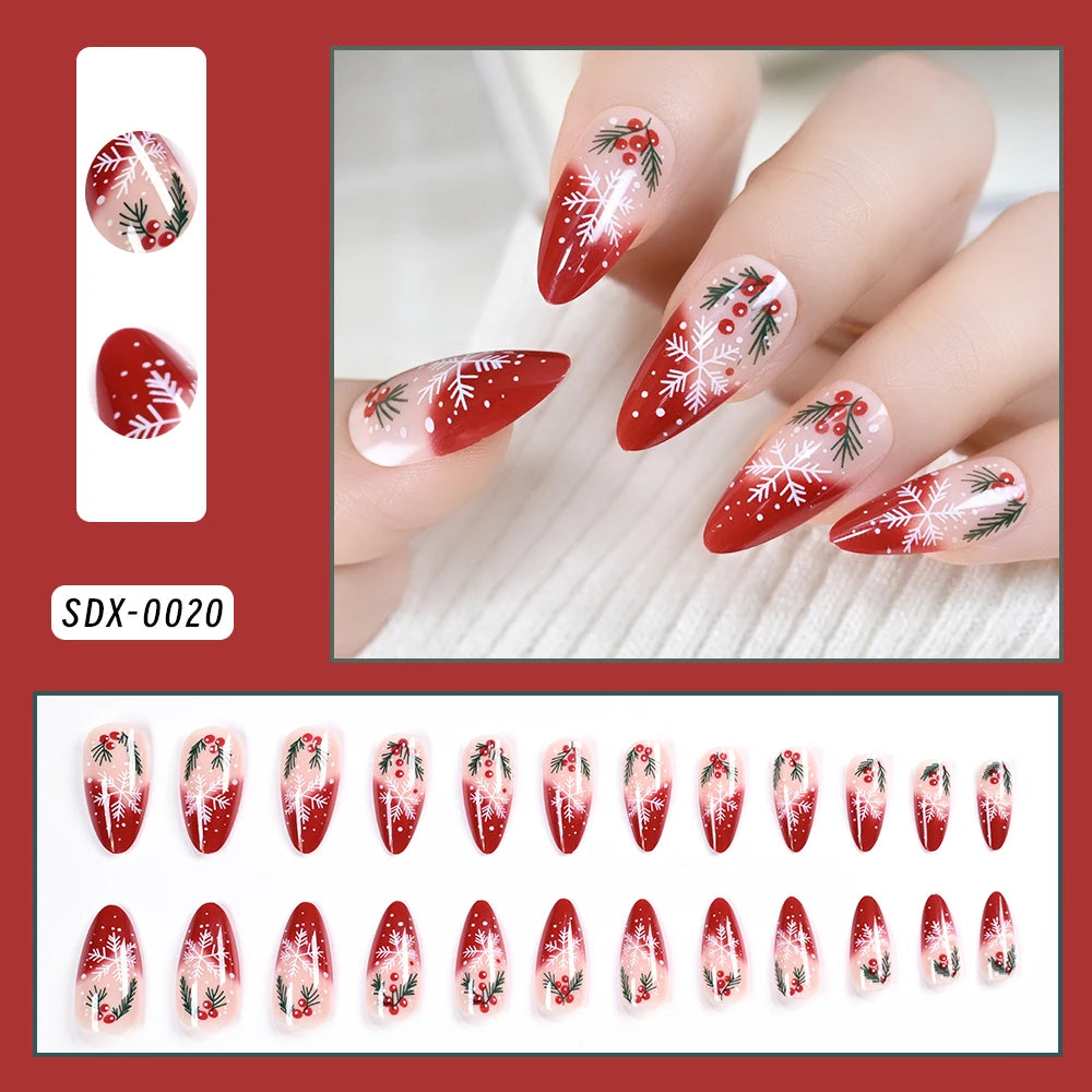 24Pcs Christmas Red French Almond Fake Nails Snowflake Xmas Hat Design False Nail Acrylic Women New Year Wearable Press On Nails