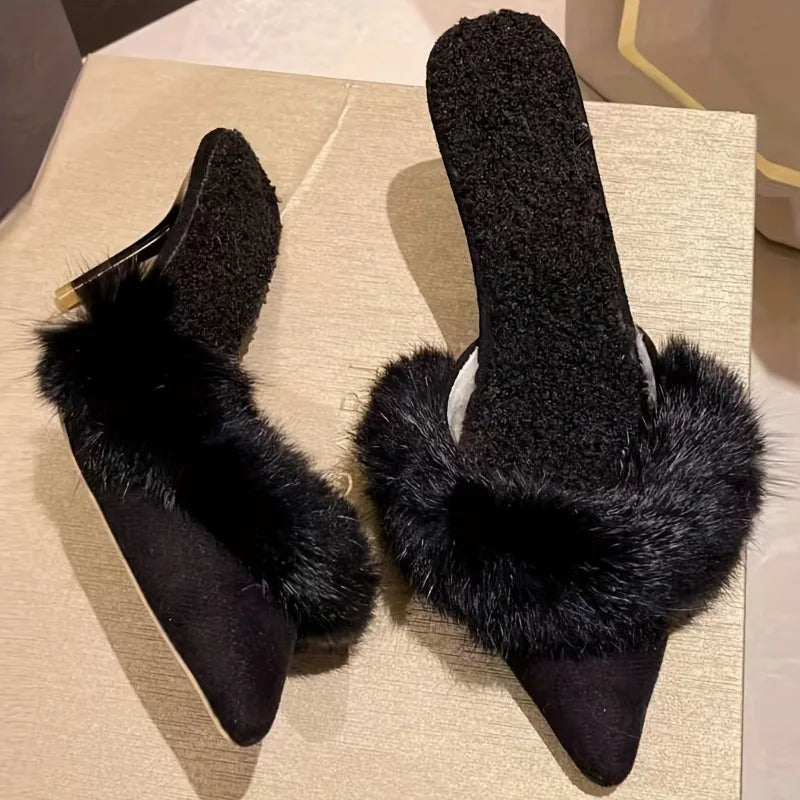 Fashion Plush Slippers for Women's Sweet Pointed Tip Stiletto Womens High Heels Trend Baotou Hairy Women's Half Slippers Tacones