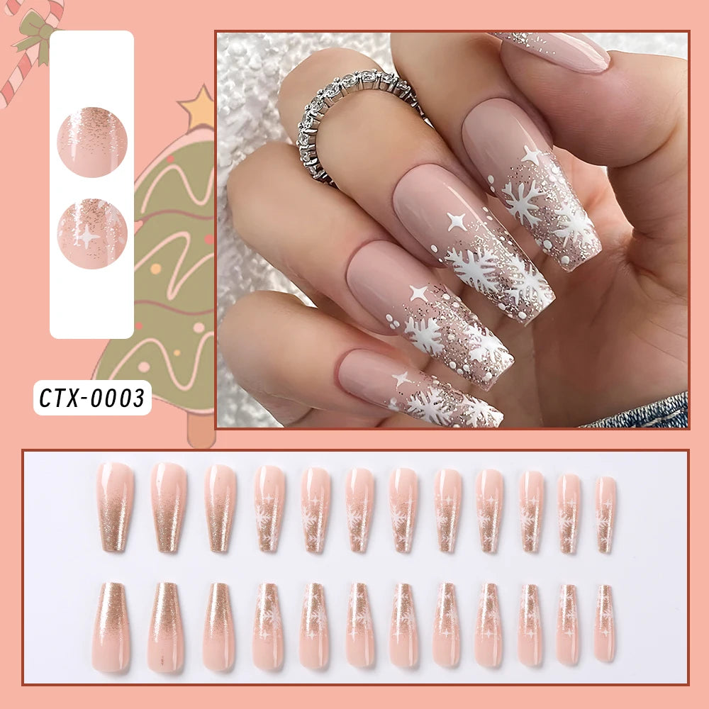 24Pcs Christmas Red French Almond Fake Nails Snowflake Xmas Hat Design False Nail Acrylic Women New Year Wearable Press On Nails