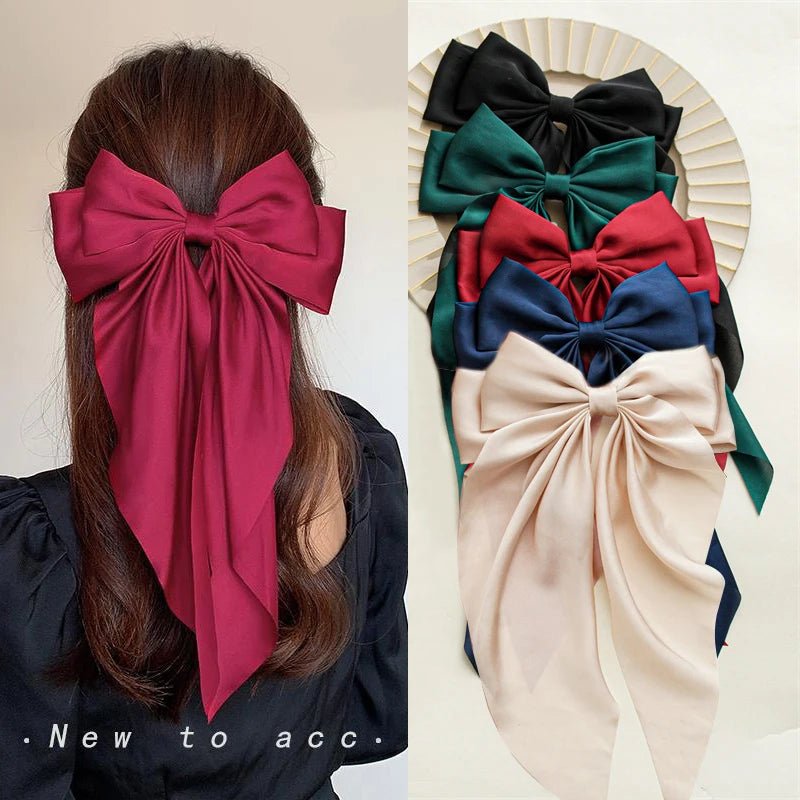 5PCS Silky Satin Ribbon Hair Bows for Women Large Big Oversized Giant Long Tail Bow French Hair Clips Barrettes Hair Accessories