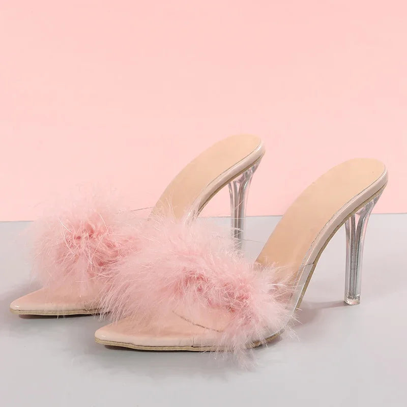 Women's Slippers 2024 Pink Feather Peep Toe Pointed Slippers Sexy Slip on Clear Heel Slides Women Thin Heels Summer Footwear