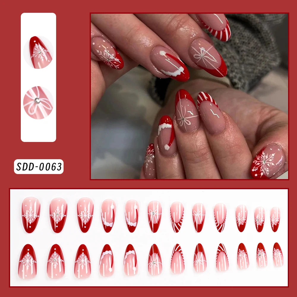 24Pcs Christmas Red French Almond Fake Nails Snowflake Xmas Hat Design False Nail Acrylic Women New Year Wearable Press On Nails