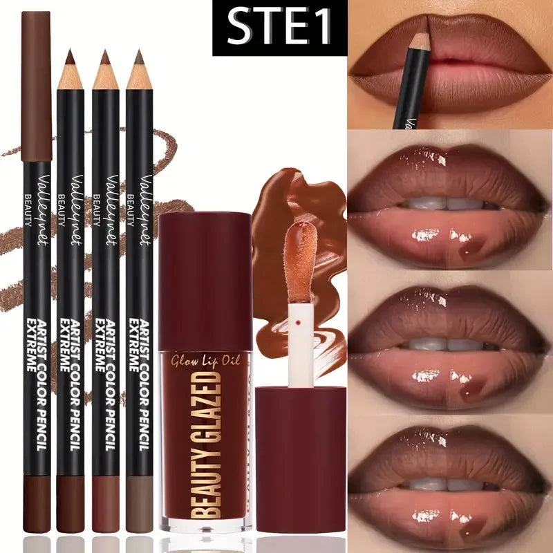 Kit de labios marrón oscuro de 4 piezas
Incluye delineador de labios + brillo labial, resistente al agua y de larga duración con acabado mate. Ideal para ocasiones casuales y formales.