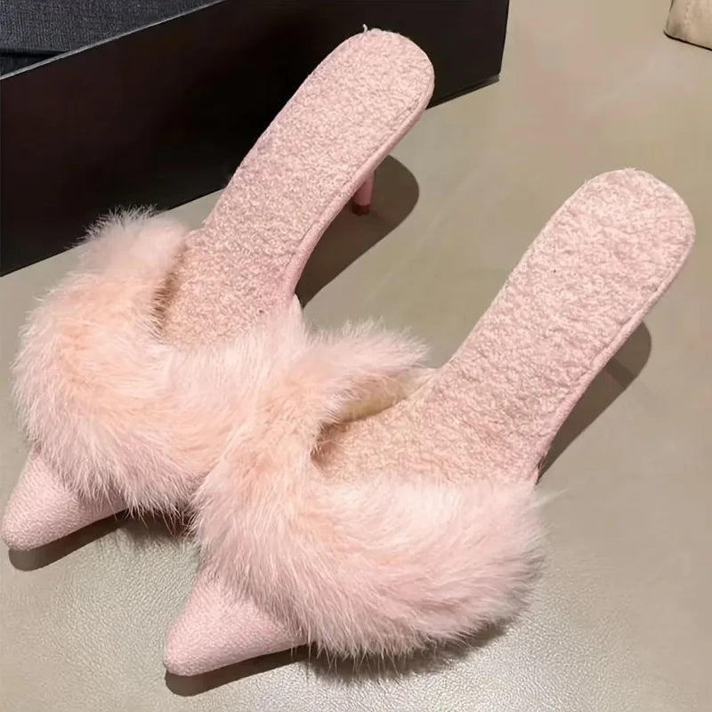 Fashion Plush Slippers for Women's Sweet Pointed Tip Stiletto Womens High Heels Trend Baotou Hairy Women's Half Slippers Tacones