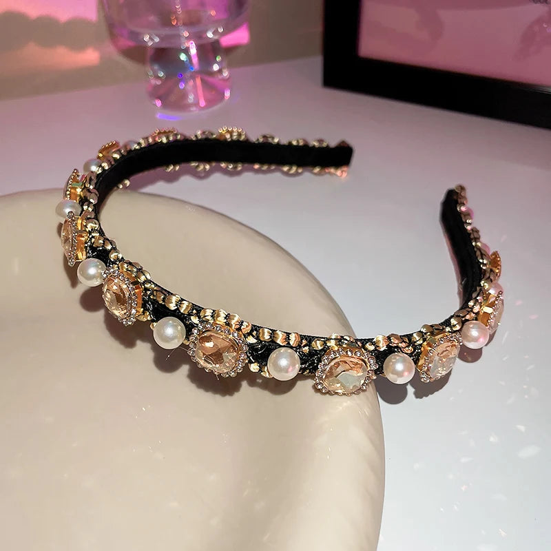 Luxury Shiny Full Rhinestone Headbands Imitation Pearl Hairbands Headwear For Women Party Wedding Hair Accessories Jewelry