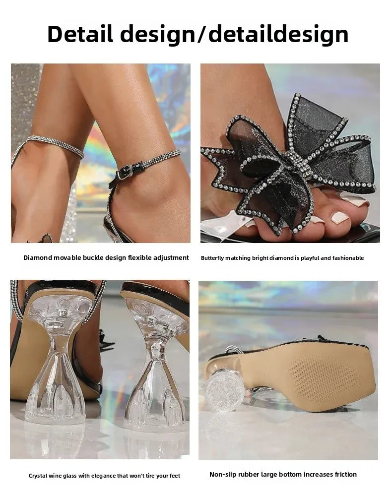 Elegant Fairy Style Crystal Butterfly High Heels 2025 Summer New Arrival Rubber Sole Square Head PVC Material Wedding Shoes