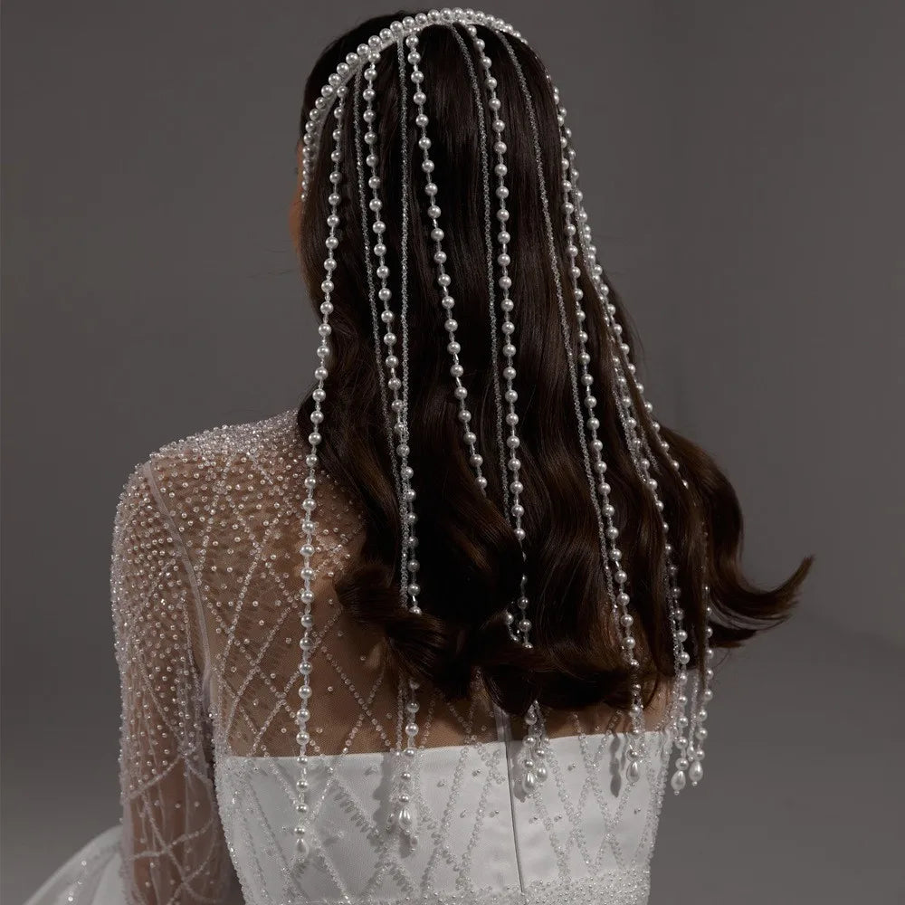 Gold Plated Ladies Luxury Simple Full Simulated Pearl multi-layer alloy headband Bride Wedding hair accessories