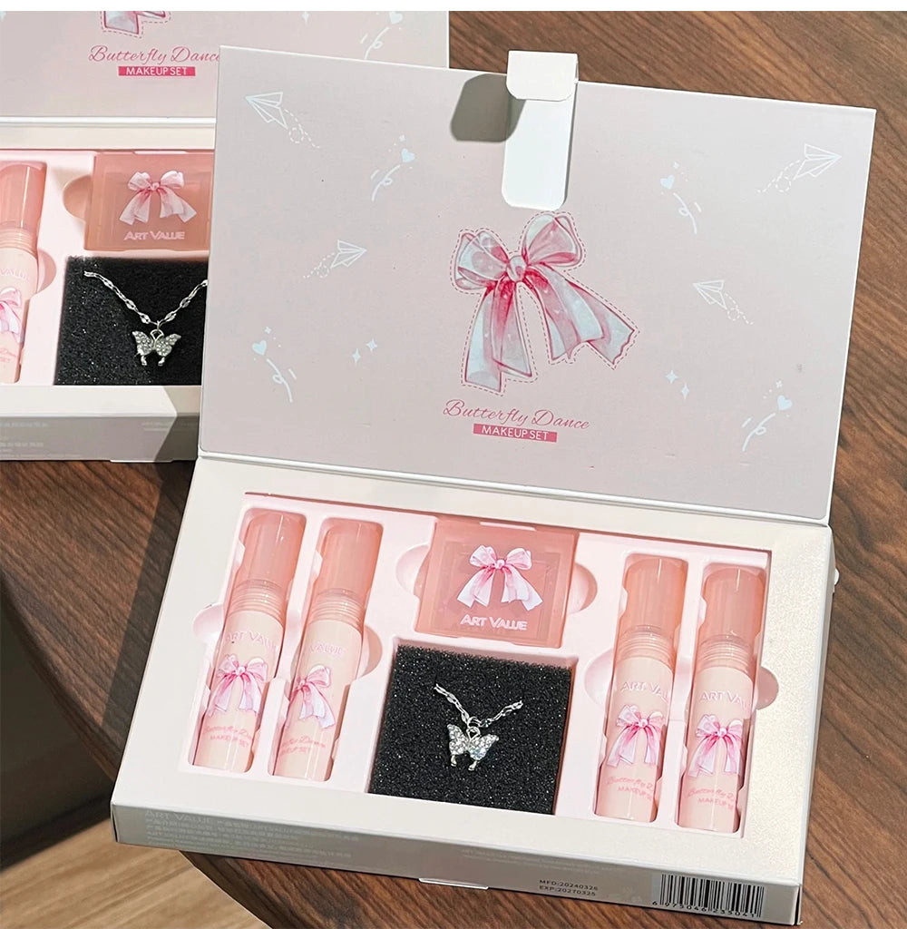 6-Piece Makeup Set (in Box)
Includes velvet matte lipsticks, nude lip gloss, moisturizing lip shine, face blush palette, and necklace—perfect as a gift.
