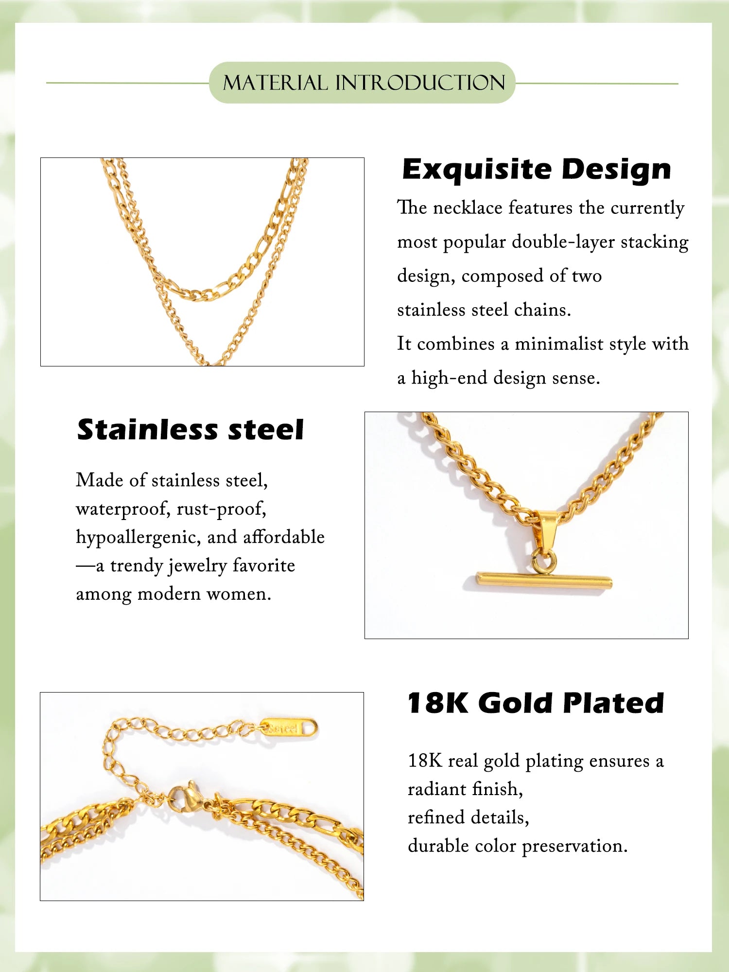 Layered Necklace for Women Minimalist Stackable - 18K Gold Plated Stainless Steel Hypoallergenic Elegant Double Chain Jewelry