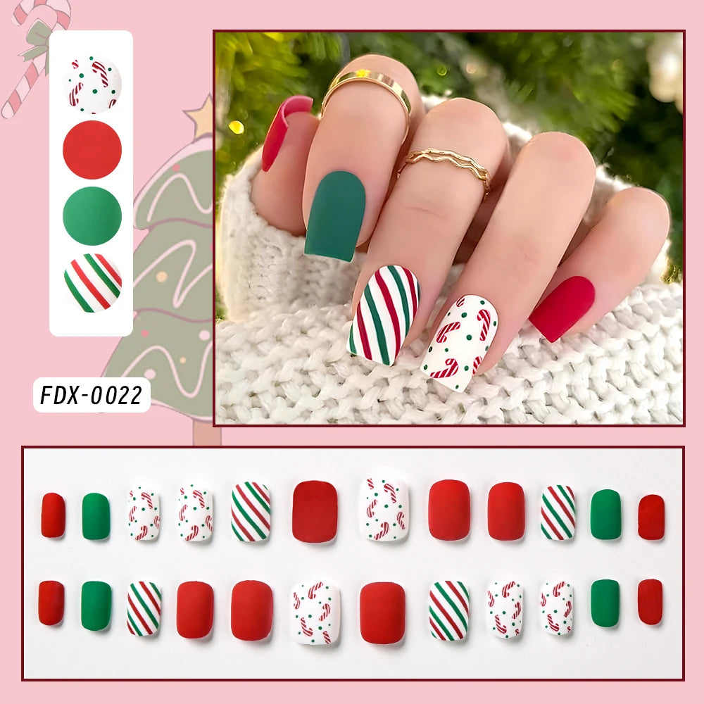 24Pcs Christmas Red French Almond Fake Nails Snowflake Xmas Hat Design False Nail Acrylic Women New Year Wearable Press On Nails