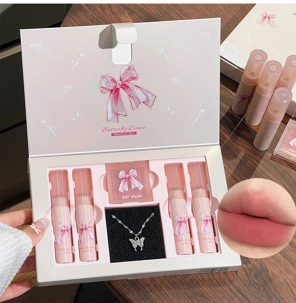 6-Piece Makeup Set (in Box)
Includes velvet matte lipsticks, nude lip gloss, moisturizing lip shine, face blush palette, and necklace—perfect as a gift.