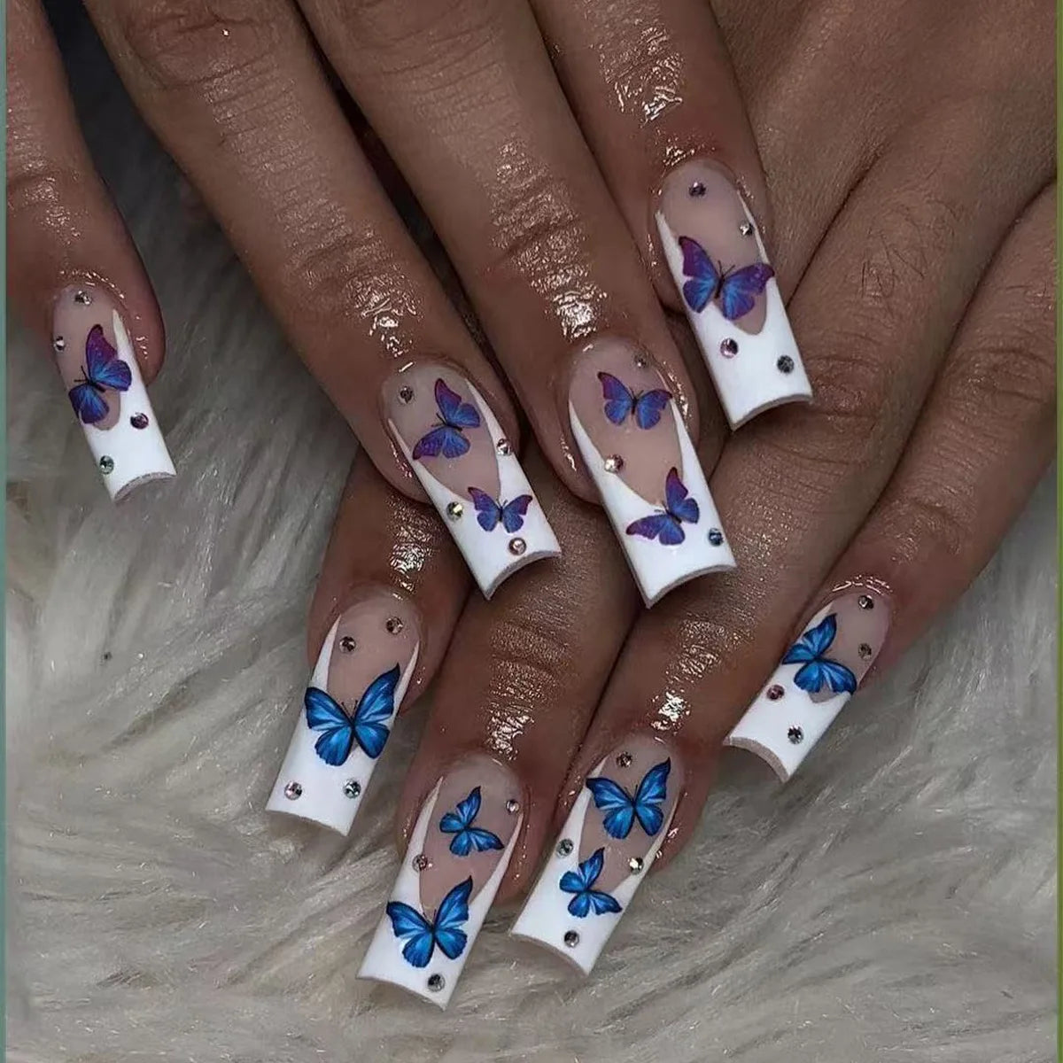 24Pcs Long Square Head Press on False Nails Blue Gradient Ripple Shiny Powder Fake Nails Flower Detachable Full Cover Nails Tips