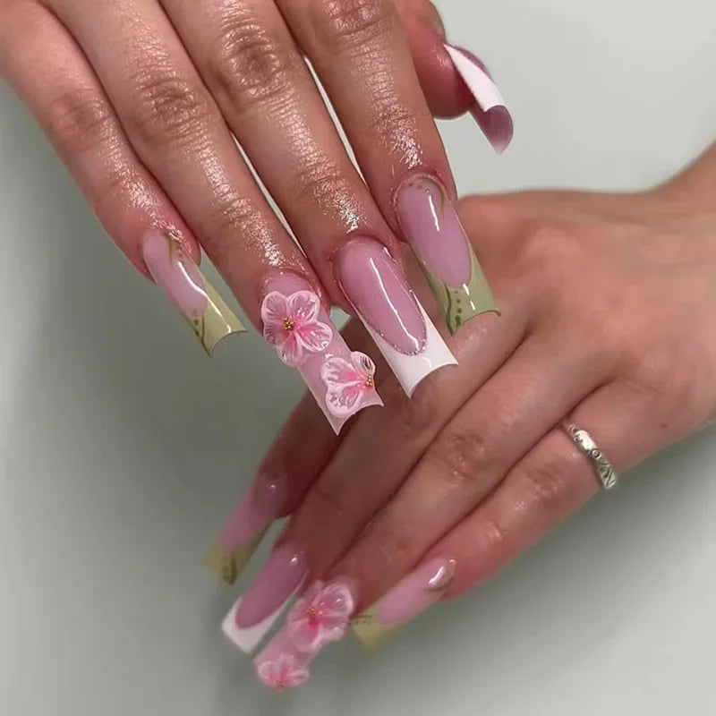 24pcs long coffin French press-on nails in black, featuring elegant bow and diamond details. Chic ballerina-style acrylic nails for a glamorous manicure in minutes.