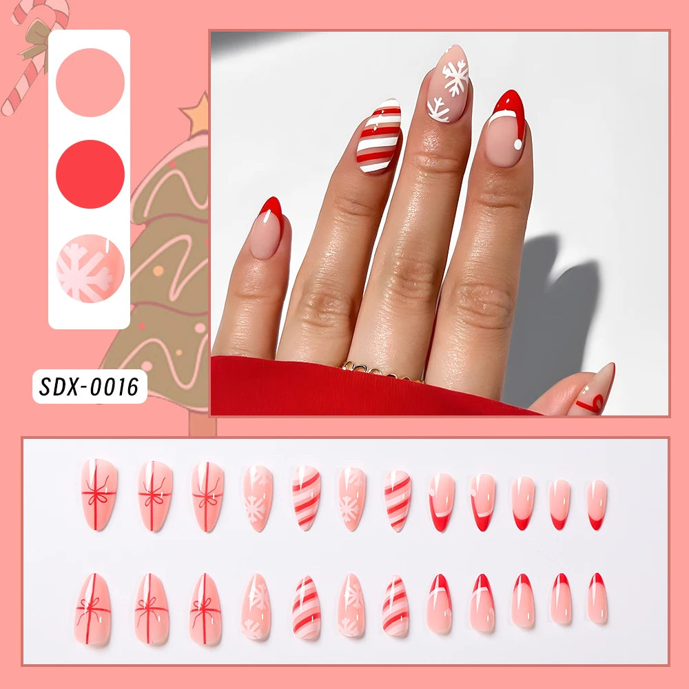 24Pcs Christmas Red French Almond Fake Nails Snowflake Xmas Hat Design False Nail Acrylic Women New Year Wearable Press On Nails