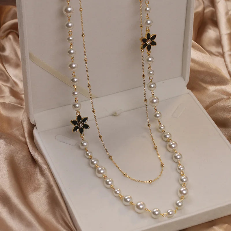 Women Pearls Double Layers Long Necklace High Quality Party Wedding Jewelry Accessories For Lady Elegant Chain Collares de moda