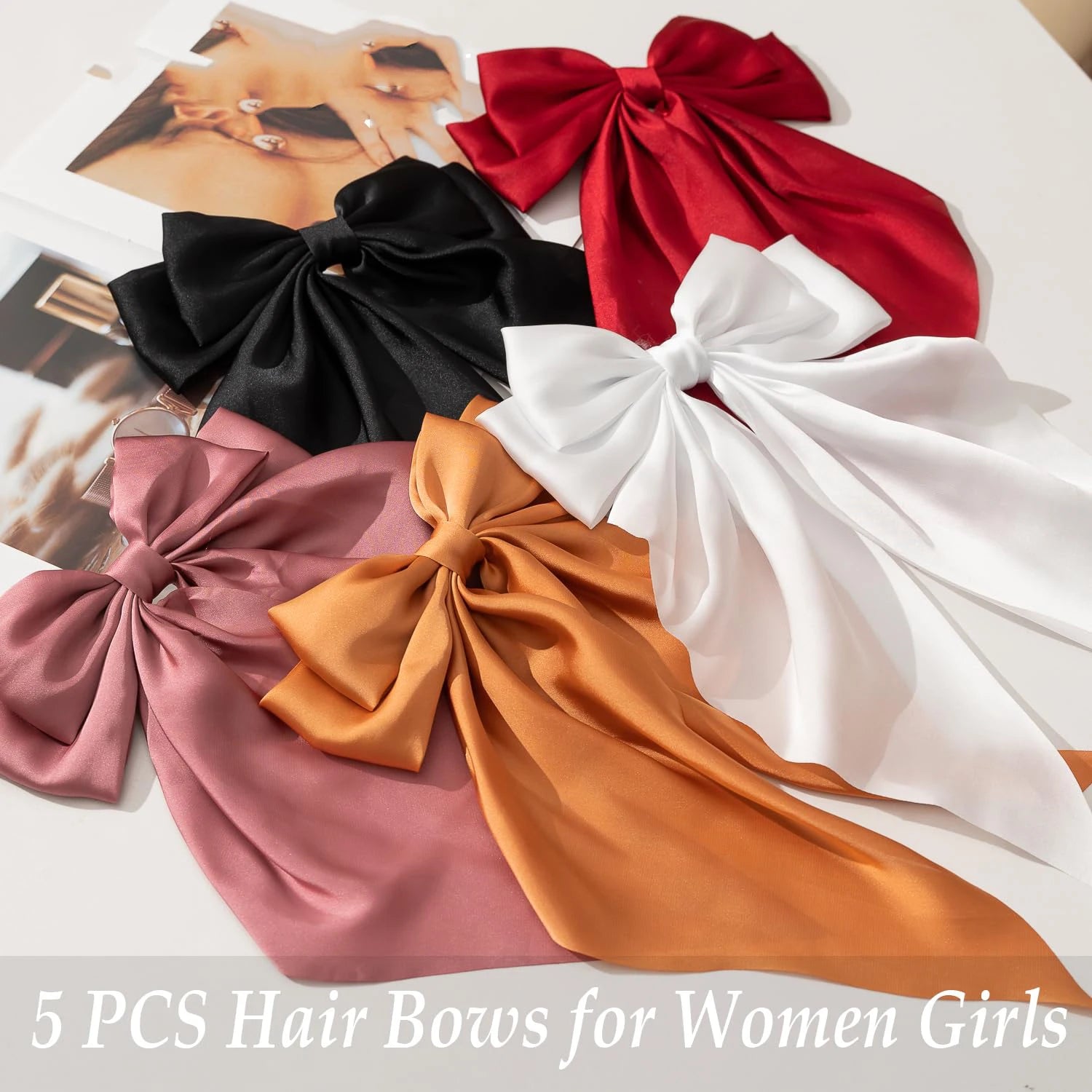 5PCS Silky Satin Ribbon Hair Bows for Women Large Big Oversized Giant Long Tail Bow French Hair Clips Barrettes Hair Accessories