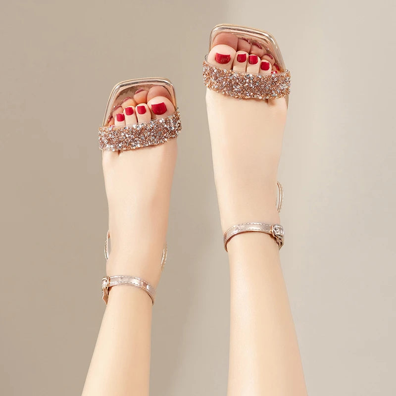 *Summer New Square Toe Slim and Comfortable Casual Sandals Fashionable and Sexy Rhinestone Party High-heeled Sandals for Women