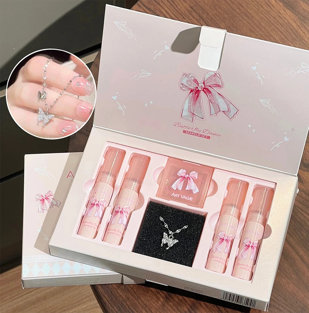 6-Piece Makeup Set (in Box)
Includes velvet matte lipsticks, nude lip gloss, moisturizing lip shine, face blush palette, and necklace—perfect as a gift.