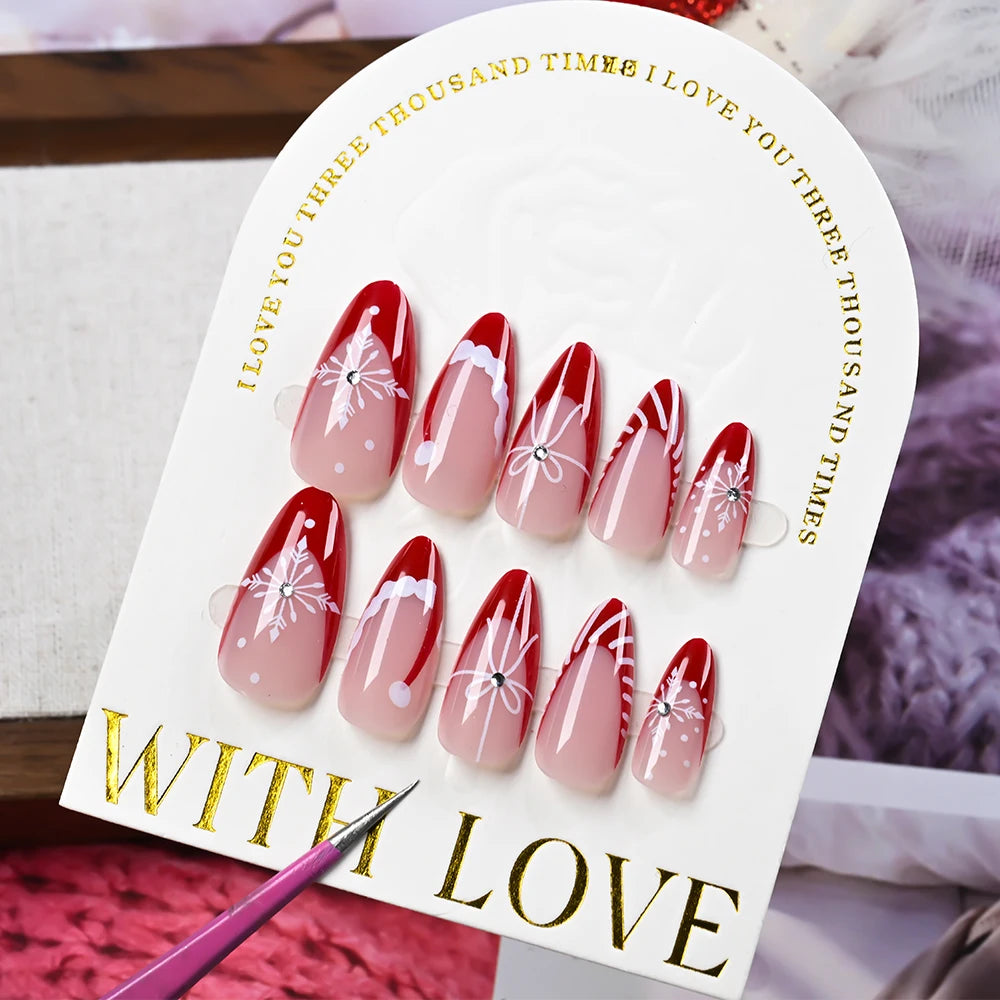 24Pcs Christmas Red French Almond Fake Nails Snowflake Xmas Hat Design False Nail Acrylic Women New Year Wearable Press On Nails
