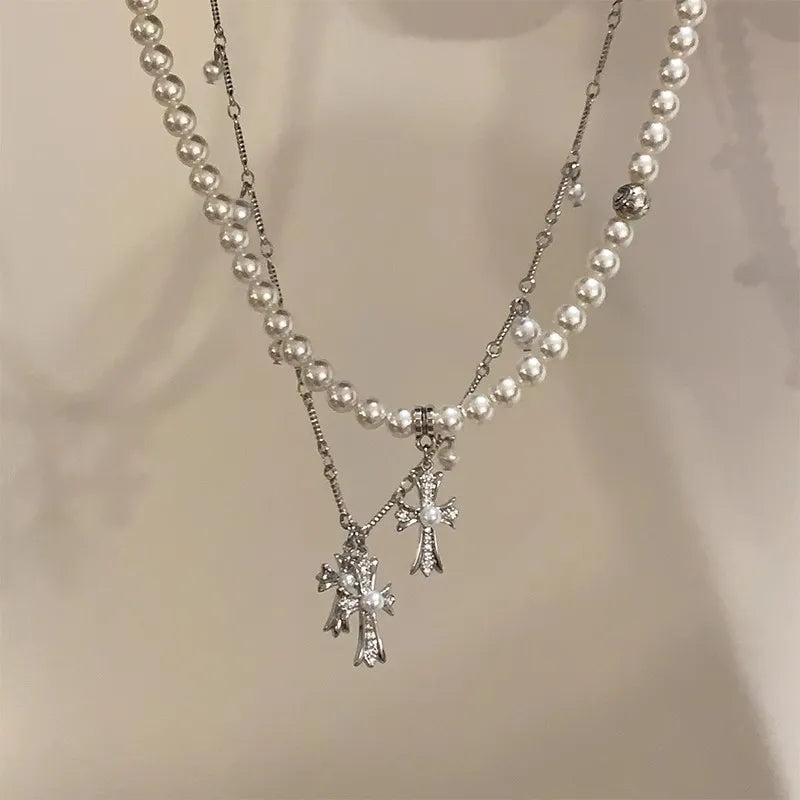 Fashion Pearl Cross Double layered Stacked Necklace For Women Creative Charm Rhinestone Cross Necklace Trendy Y2k Girl Accessory
