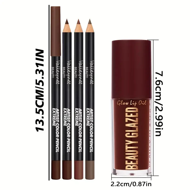 Kit de labios marrón oscuro de 4 piezas
Incluye delineador de labios + brillo labial, resistente al agua y de larga duración con acabado mate. Ideal para ocasiones casuales y formales.