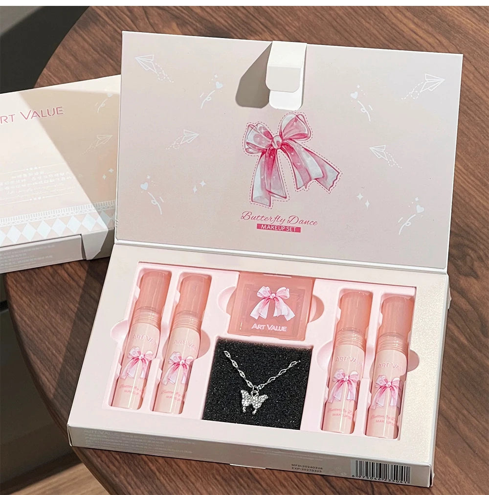 6-Piece Makeup Set (in Box)
Includes velvet matte lipsticks, nude lip gloss, moisturizing lip shine, face blush palette, and necklace—perfect as a gift.