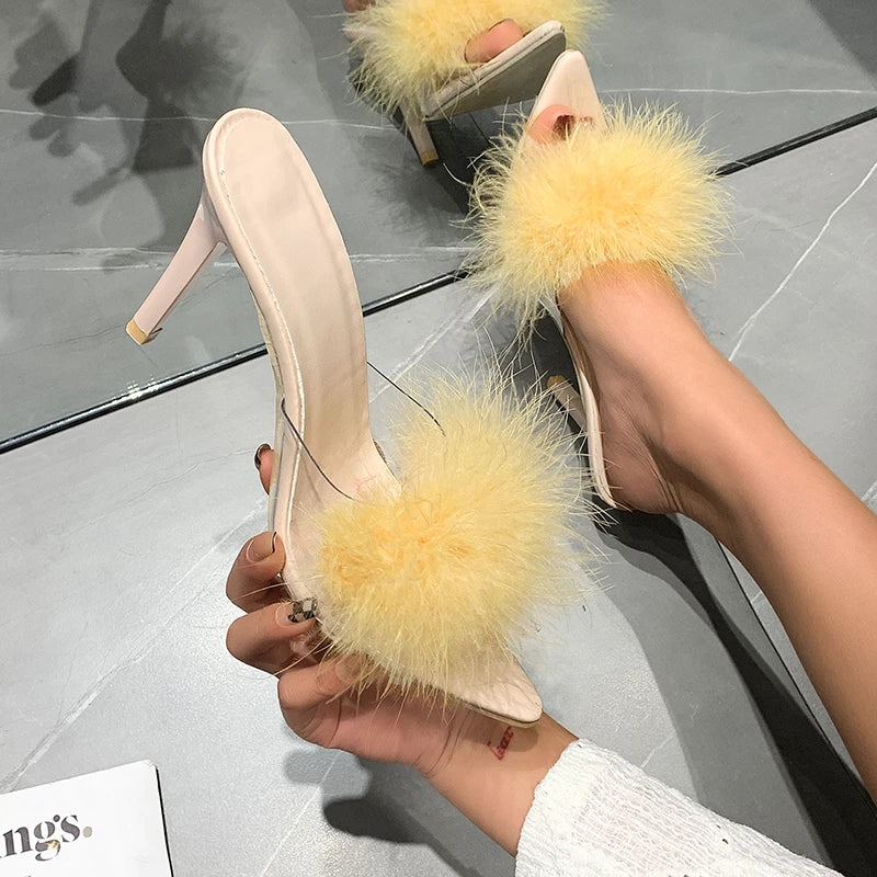 Summer Woman Pumps Feather Crystal High Heels Fur Peep Toe Mules Slippers Ladies Ytmtloy Indoor Zapatillas Mujer Casa Ladies