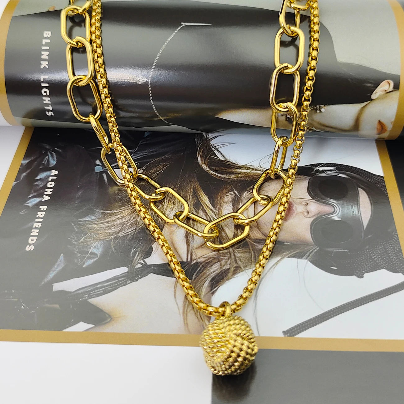 Designed for women with two rows of layered delicate 18K gold plated simple pearl link paper clip necklaces.