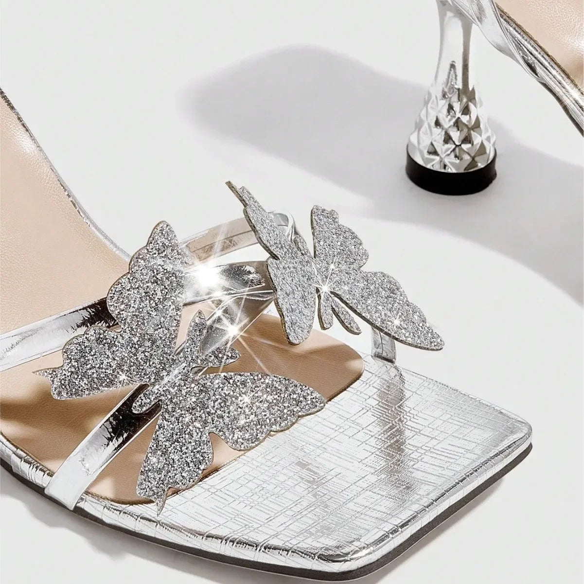 Elegant Silver High Heels Women's Sandals round Toe 3D Flower Painted Heels Rubber Sole Comfortable Ladies Shoes