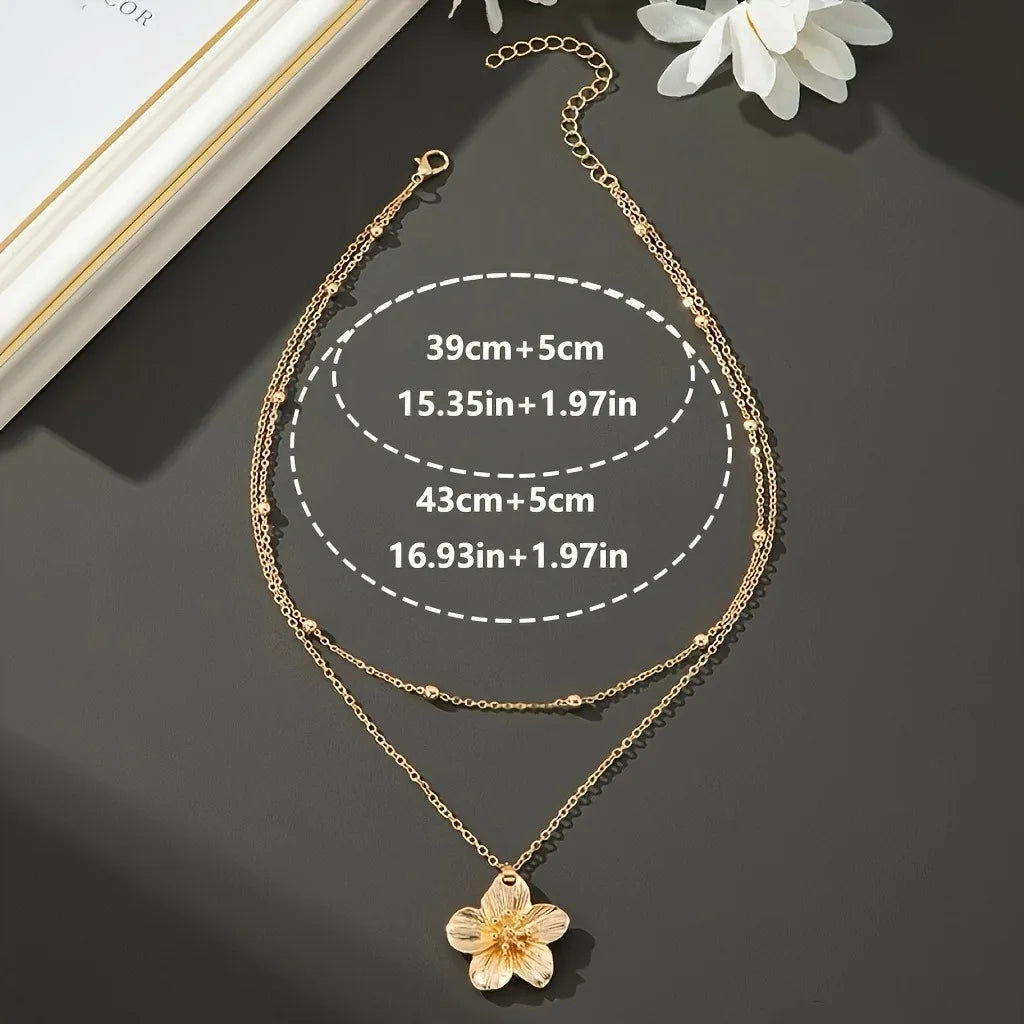 Floral Layered Necklace - Gold-Tone Alloy, Textured Flower Pendant, Double-Layer Beaded Chain, Boho Elegant Fashion Neck Jewelry
