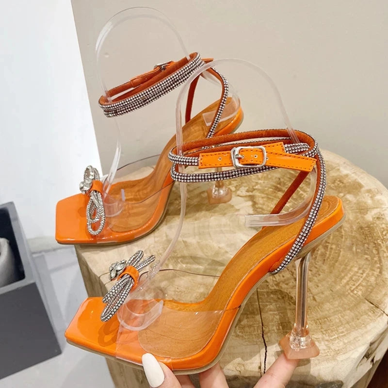 Liyke Summer Party Wedding Sandals Ladies 2026 Fashion Crystal Rhinestone Bowknot High Heels PVC Transparent Shoes Women Pumps
