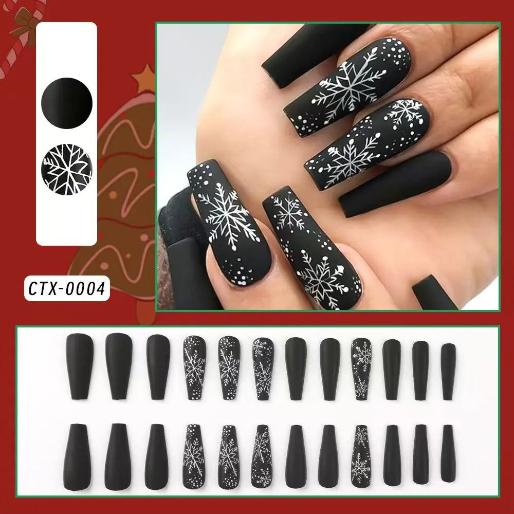 24Pcs Christmas Red French Almond Fake Nails Snowflake Xmas Hat Design False Nail Acrylic Women New Year Wearable Press On Nails