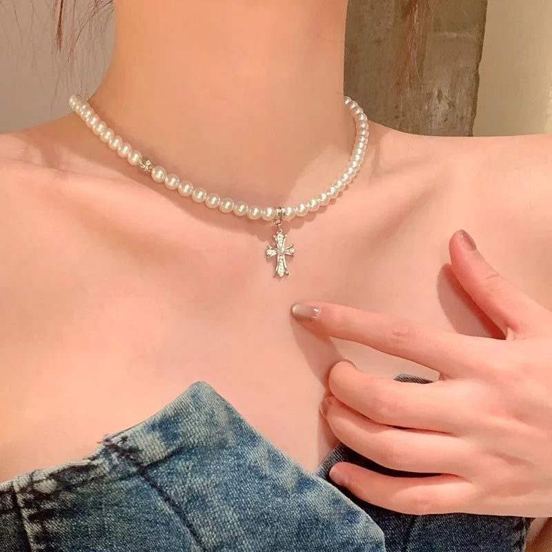 Fashion Pearl Cross Double layered Stacked Necklace For Women Creative Charm Rhinestone Cross Necklace Trendy Y2k Girl Accessory