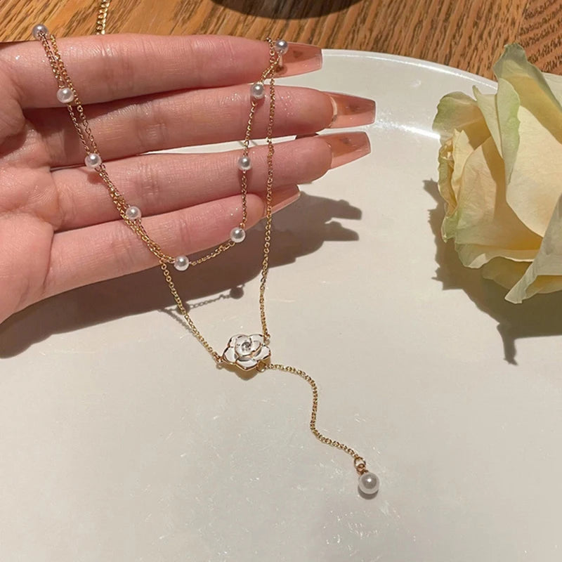 Double layered tassel pearl necklace for female niche design camellia collarbone chain light luxury high-end feel temperament ne