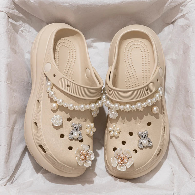 Pearl Chain Chunky Platform Sandals Women 2025 Summer Thick Bottom Beach Clogs Shoes Woman Fashion Flower Decor EVA Garden Shoes