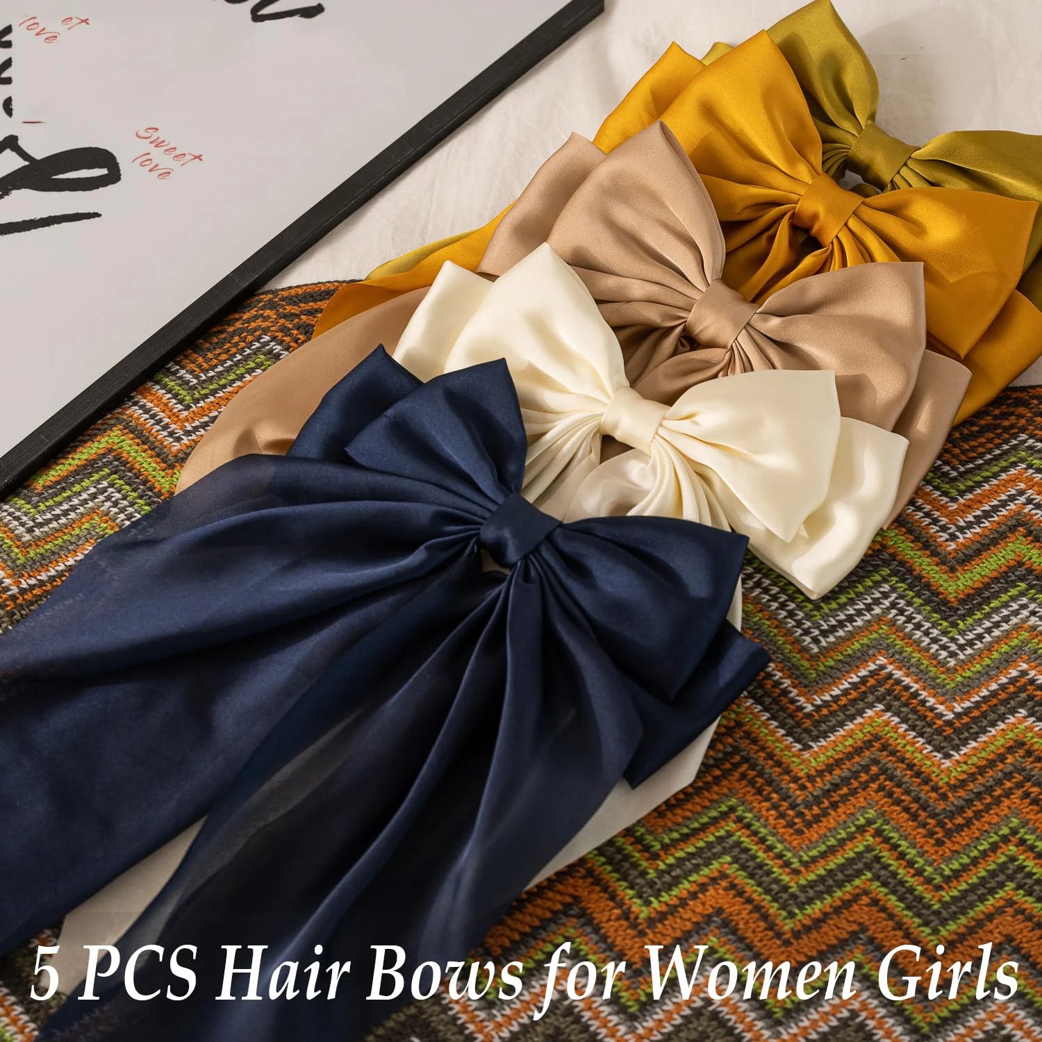 5PCS Silky Satin Ribbon Hair Bows for Women Large Big Oversized Giant Long Tail Bow French Hair Clips Barrettes Hair Accessories