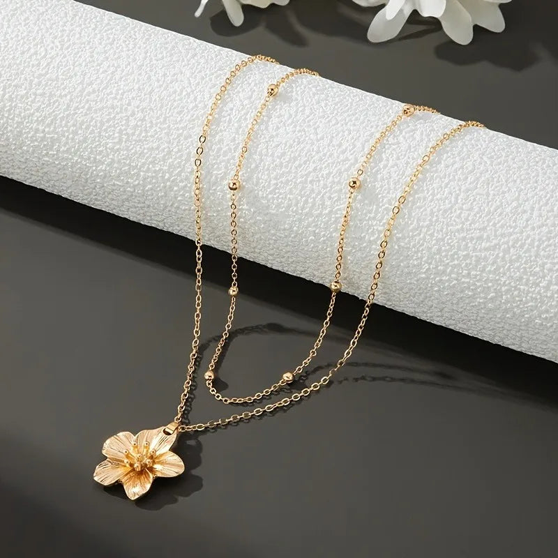 Floral Layered Necklace - Gold-Tone Alloy, Textured Flower Pendant, Double-Layer Beaded Chain, Boho Elegant Fashion Neck Jewelry