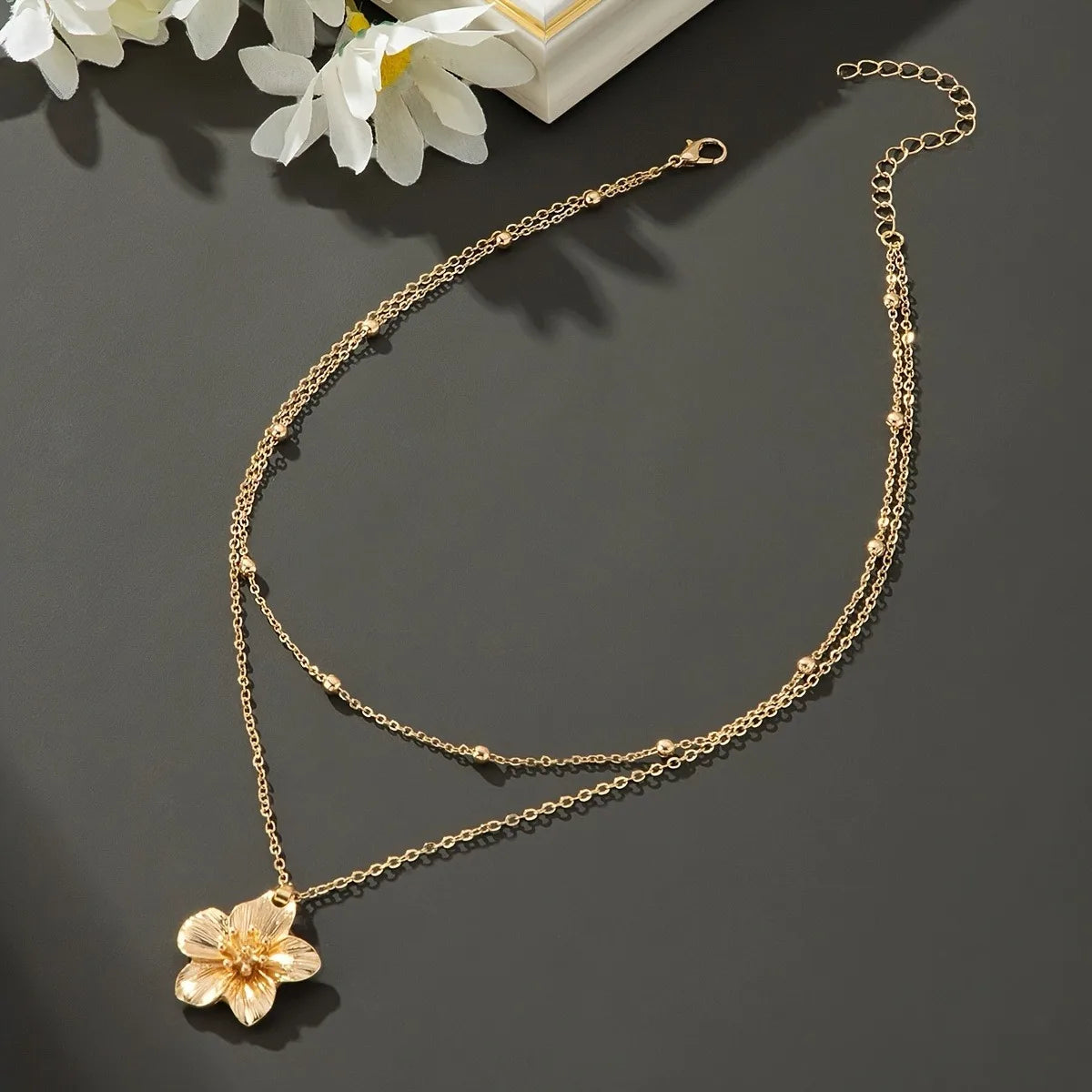 Floral Layered Necklace - Gold-Tone Alloy, Textured Flower Pendant, Double-Layer Beaded Chain, Boho Elegant Fashion Neck Jewelry