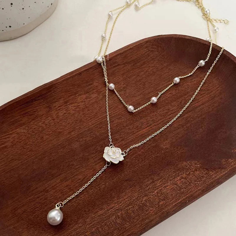 Double layered tassel pearl necklace for female niche design camellia collarbone chain light luxury high-end feel temperament ne