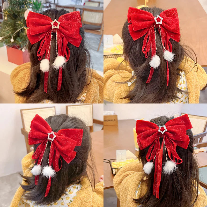 Red Velvet Bows Hair Ribbons Scrunchies for Women Girls Long Elastic Hair Ties Headwears Female Kids Styling Tools 2025 New Year